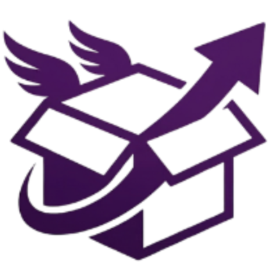 Purple icon with a box, wings, and an arrow on a white background